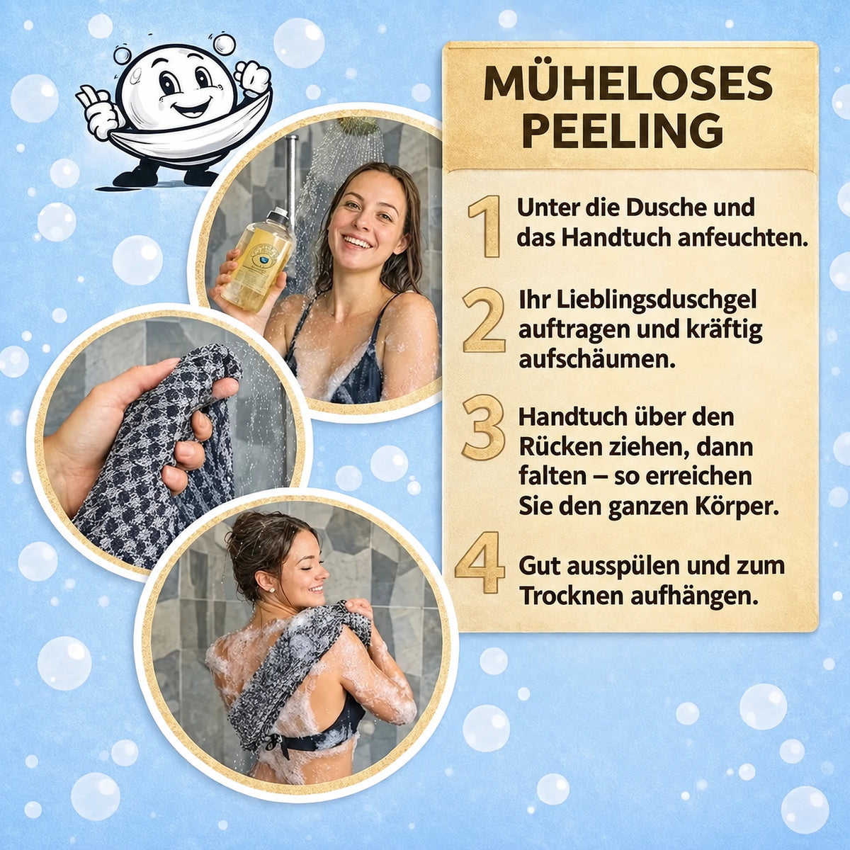 Peeling ohne Mühe — das Kōji Peeling-Handtuch in vier Schritten