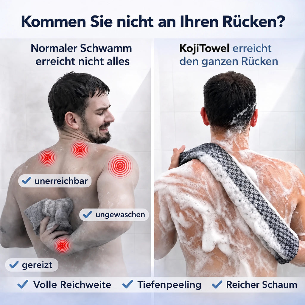 Gewöhnlicher Schwamm im Vergleich zum Kōji Peeling-Handtuch beim Waschen des Rückens