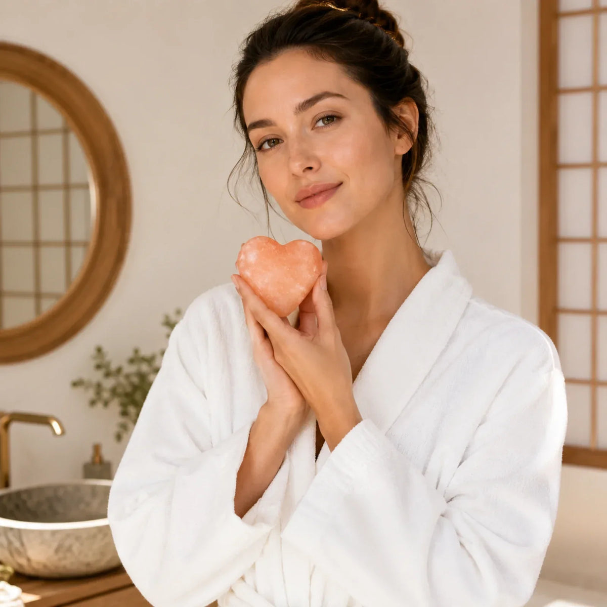 Frau hält den Kōji Salt Bar im Badezimmer