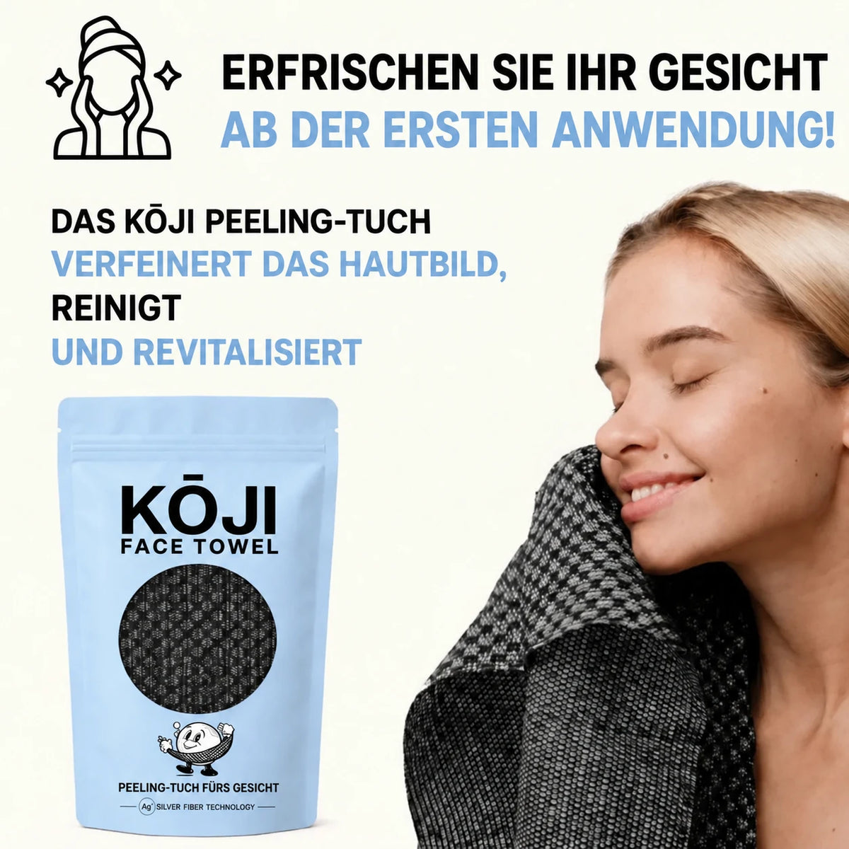 Frau nach der Gesichtsreinigung mit dem Kōji Peeling-Tuch