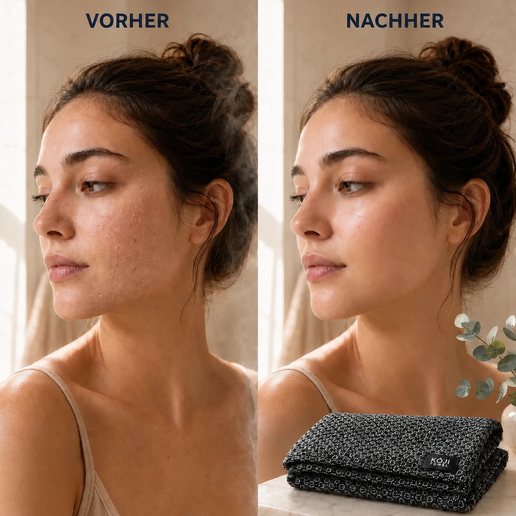 Gesichtshaut vor und nach der Anwendung des Kōji Peeling-Tuchs