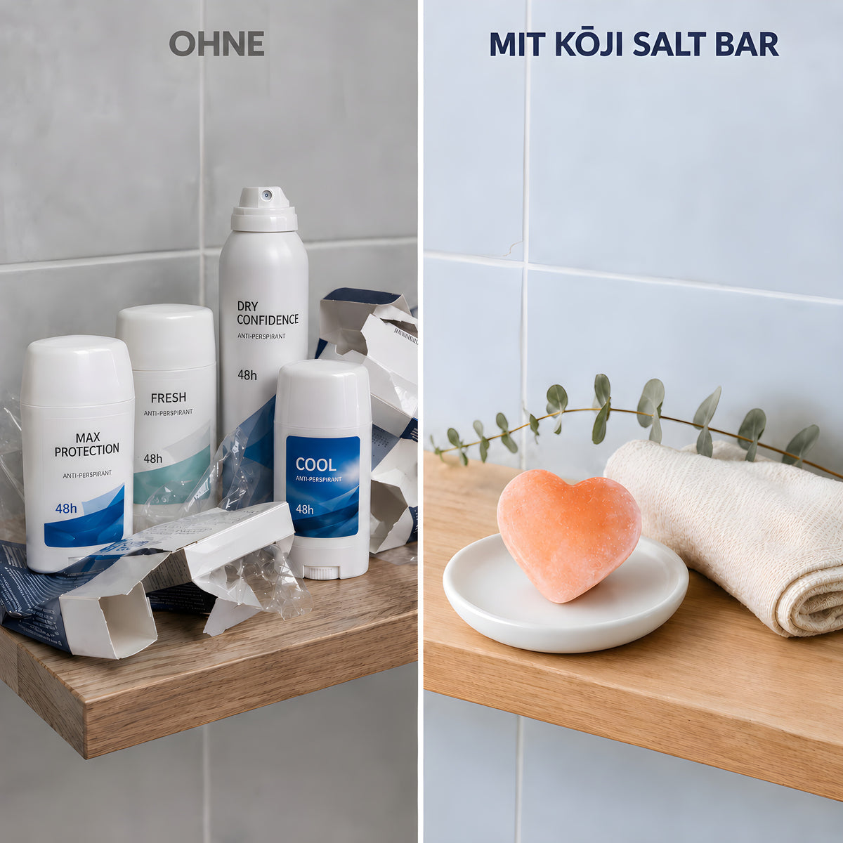 Badezimmerregal ohne und mit Kōji Salt Bar