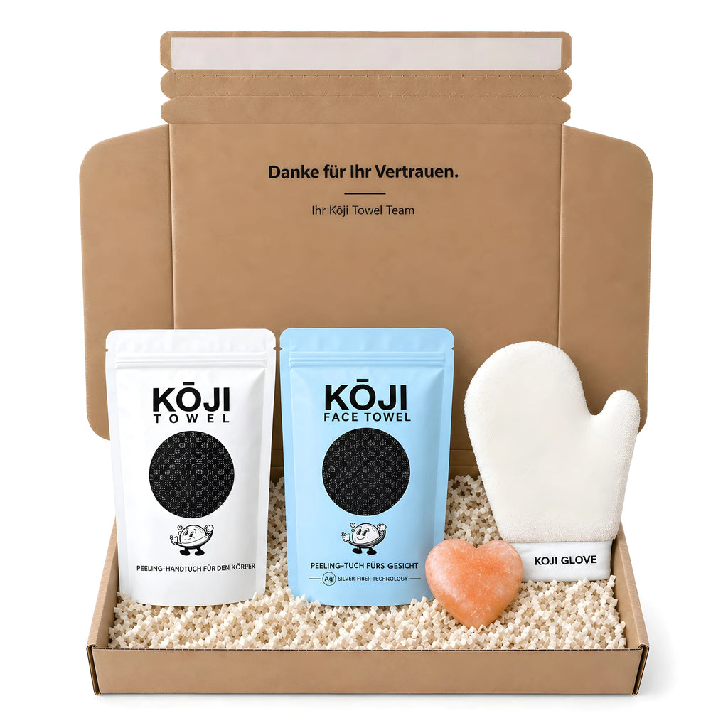 Kōji Geschenkbox: Peeling-Handtuch für den Körper, Kōji Face Towel, natürliches Salz-Deo Salt Bar und Peeling-Handschuh Kōji Glove.